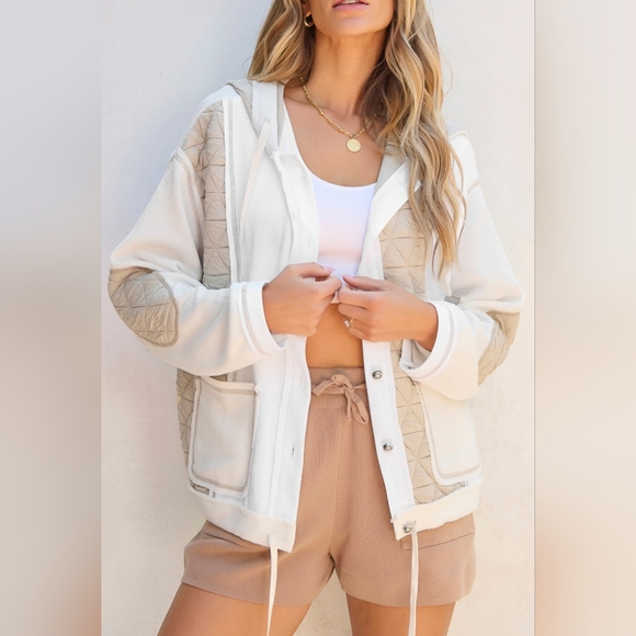 Jackets & Blazers - Beige Quilted Textured Patchwork Loose Fit Hooded Jacket
